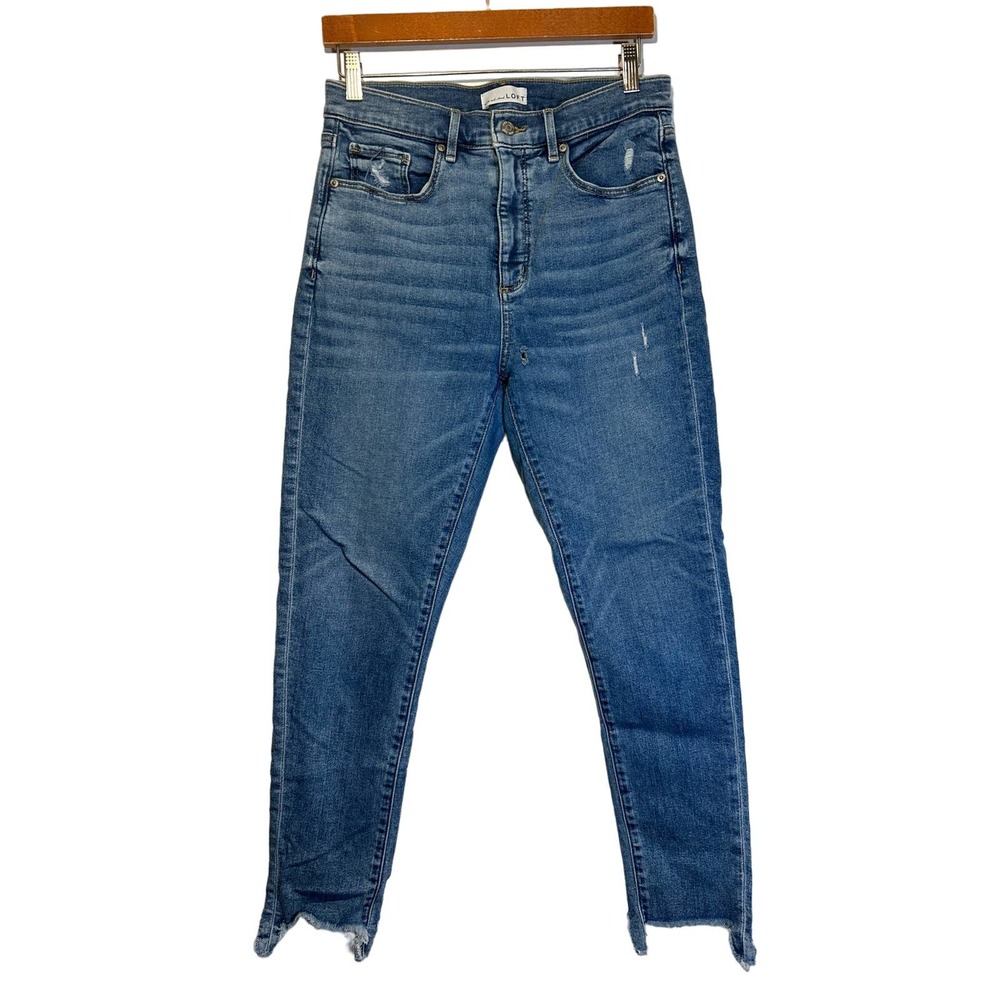 Loft Ann Taylor High Waist Skinny Medium Wash Blue Denim Jeans S 29/8 Raw Hem